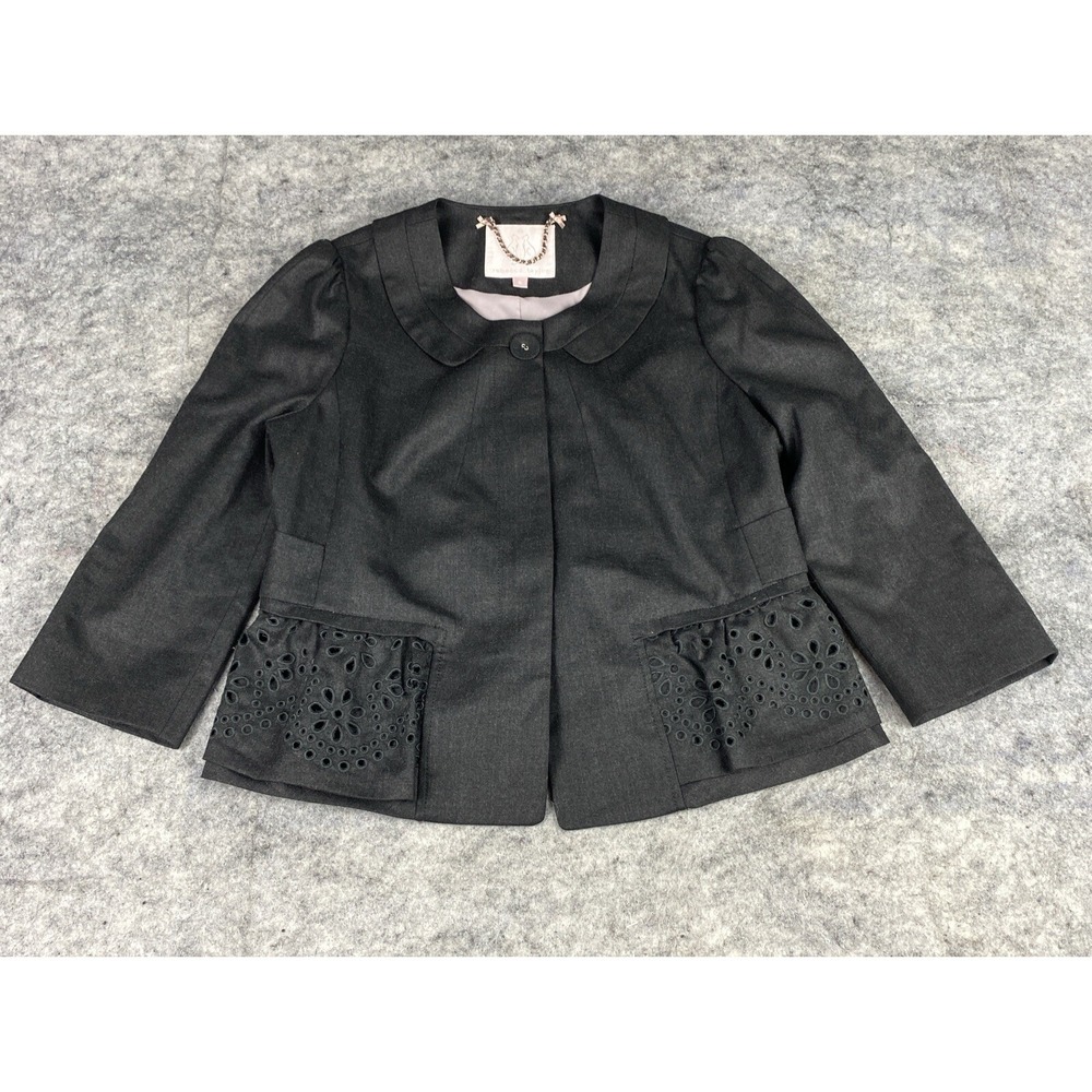 Rebecca Taylor Cropped Womens Sz. 6 Charcoal Gray Wool Blazer Eyelet Lace Peplum